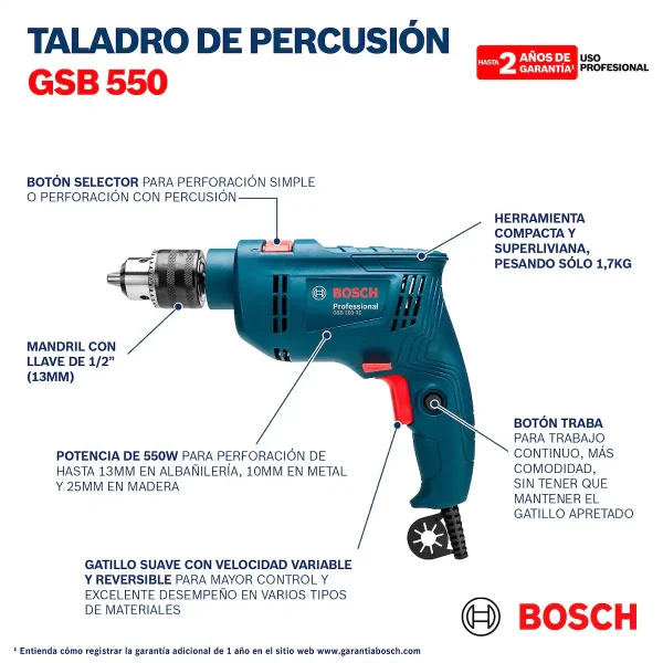 Taladro Percutor 1/2" (13mm) 550W BOSCH GSB 550 RE - Imagen 8