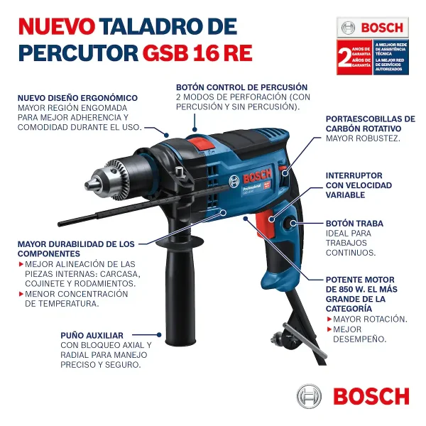 Taladro Percutor 1/2" 850W + Maleta Plástica BOSCH GSB 16 RE - Imagen 10