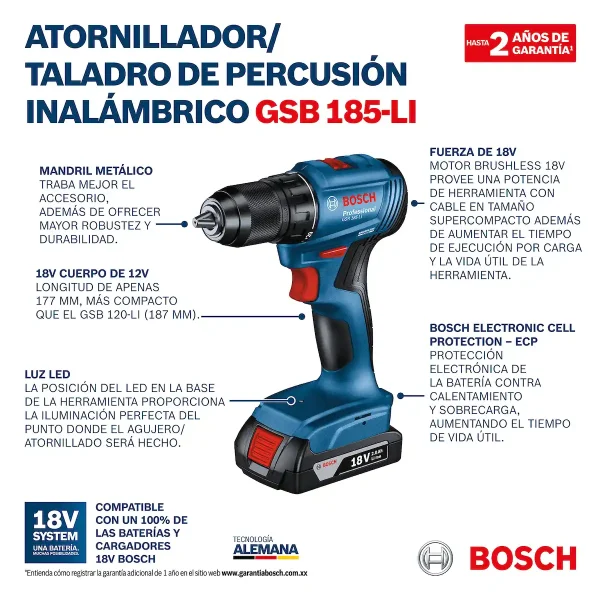 Taladro Percutor 1/2" 18V Brushless + 2 Bat. 2Ah BOSCH GSB 185-LI - Imagen 10