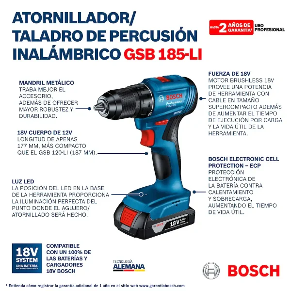 Taladro Percutor 1/2" 18V Brushless BOSCH GSB 185-LI Baretool - Imagen 10